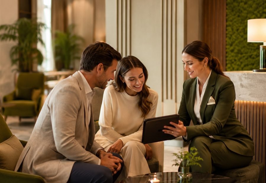 Hotelberatung und Reservierungsgespräch mit Tablet in einer Lobby