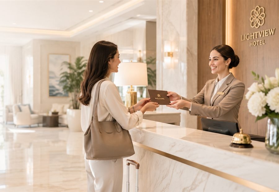 Freundliche Hotelrezeption mit Gast und Zimmerkarte